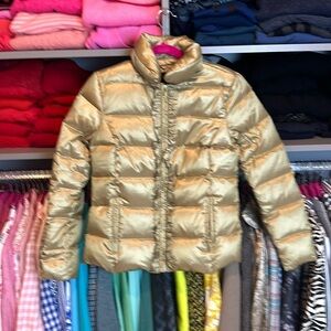 Talbots gold with ruffled front zip closure puffer coat size XS